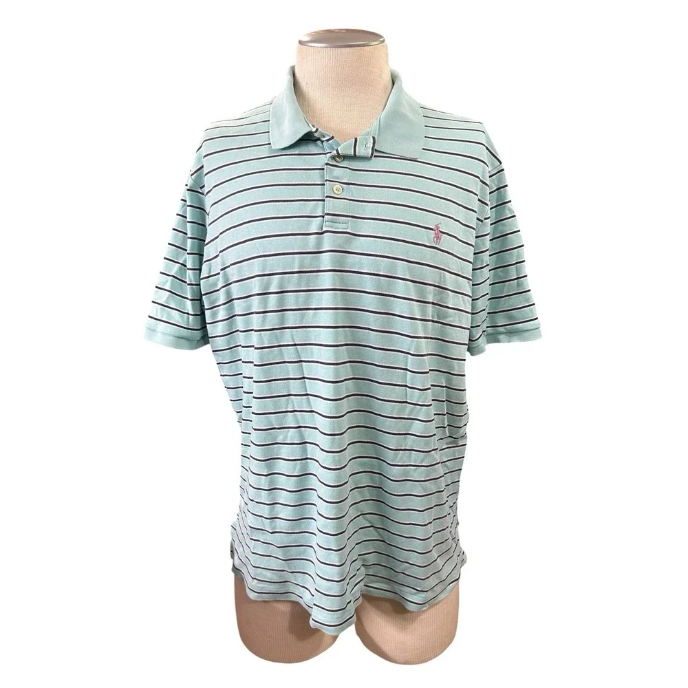 Polo Ralph Lauren Mens Polo Shirt XXL Mint Green Navy Striped Pink Pony Cotton